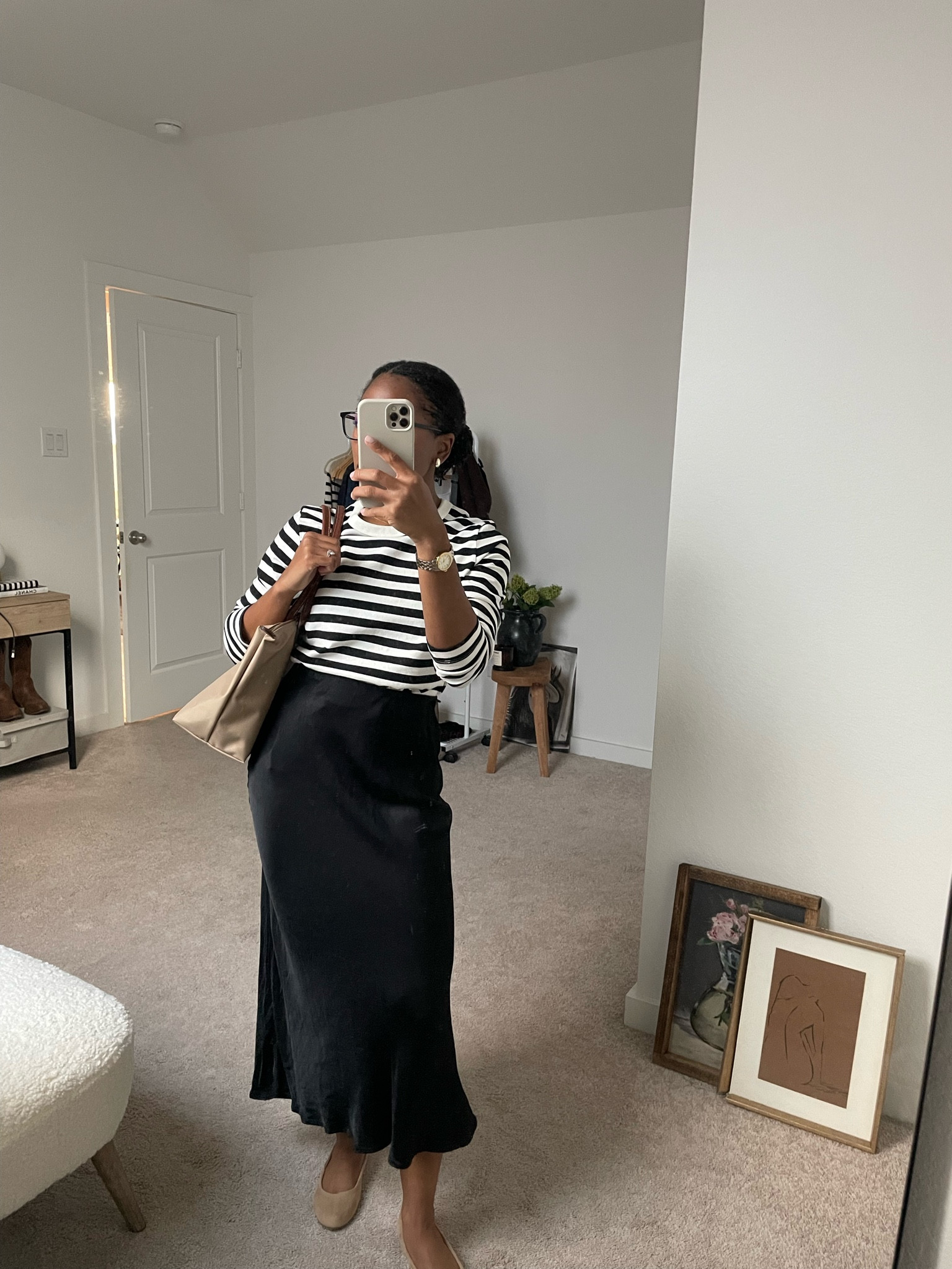 Casual fall outfit, church outfit, striped top, black satin maxi skirt, longchamp bag

#LTKWorkwear #LTKStyleTip #LTKSeasonal