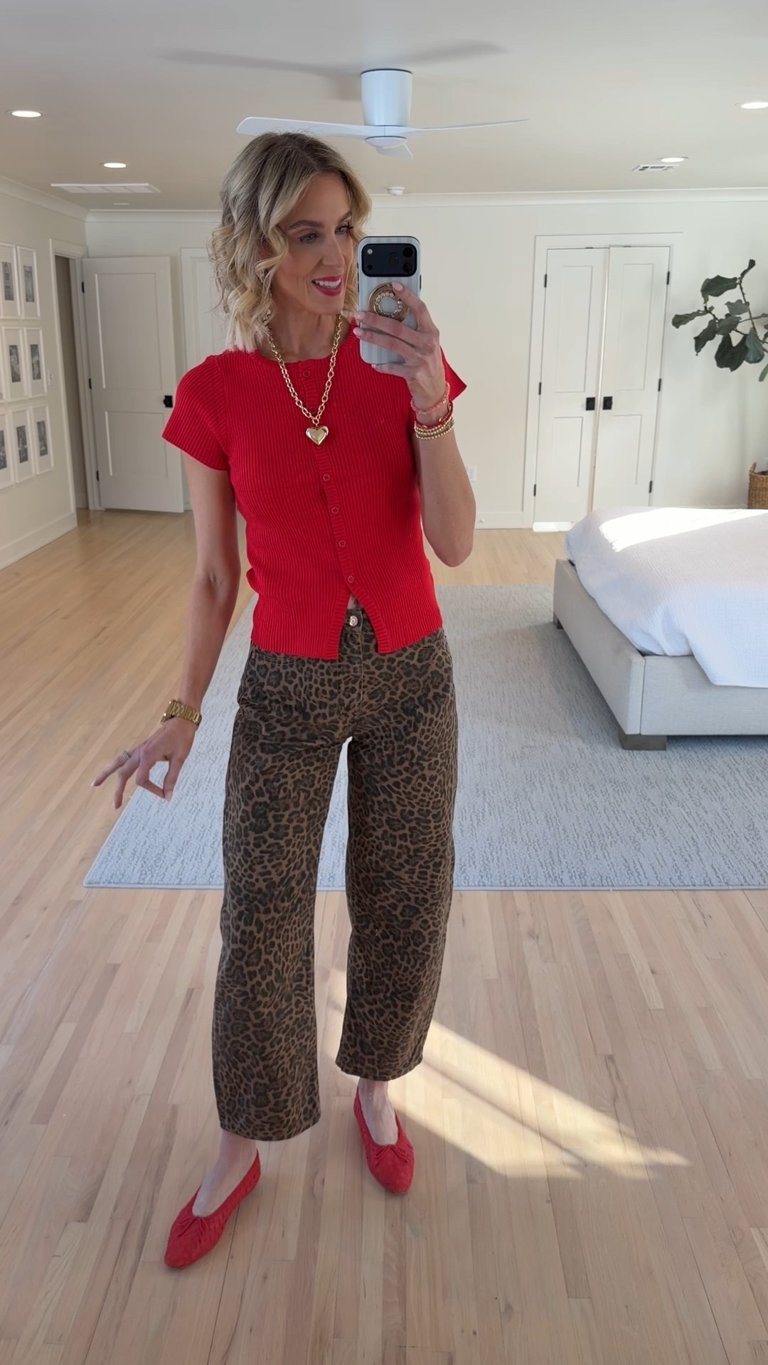 Amazon button front red top with leopard jeans