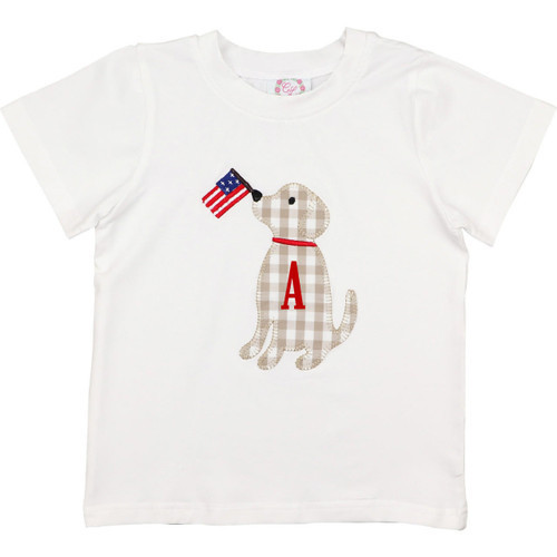 White Knit Applique Dog And Flag Shirt  - Shipping Late June | Cecil and Lou