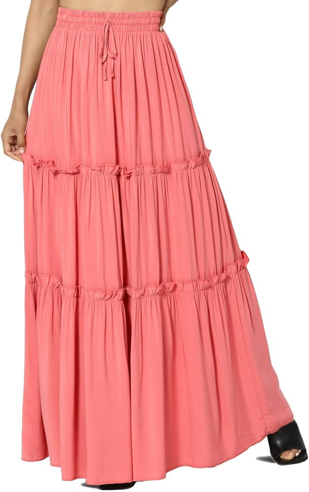 Women's Ruffle Tiered Woven Drawstring Elastic High Rise A-Line Long Maxi Skirt | Amazon (US)