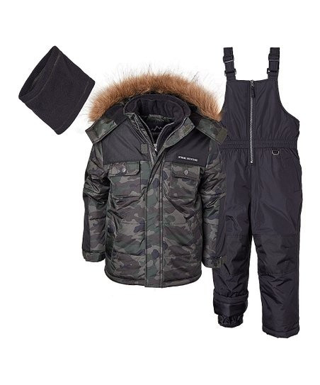 Olive Green Camo & Black Color Block Faux Fur Hooded Puffer Coat Set - Toddler & Boys | Zulily