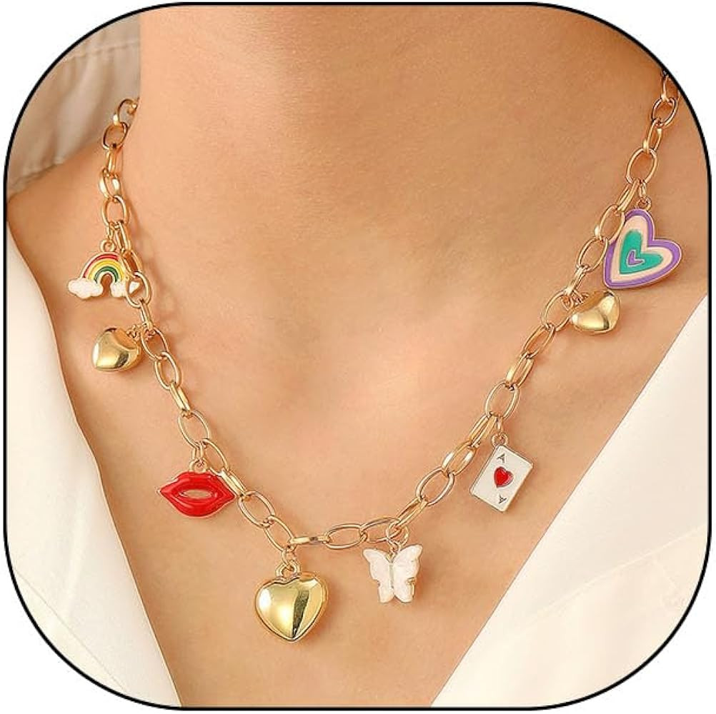 Gold Chunky Necklace for Women Boho Fashion Red Lips Tiny Heart Summer Shell Pendant Choker Pearl... | Amazon (US)