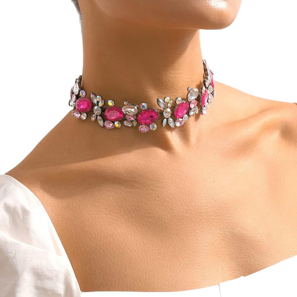 Jumwrit Colorful Rhinestone Choker Necklace Statement Chunky Chain Necklace Sparkle Prom Party Ne... | Amazon (US)