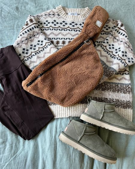 Cozy road trip outfit for the granola girl aesthetic ✨ Sherpa winter bag by Free People. Ugg mini boots. Ugg outfit. Lululemon align leggings in Java brown. Oversized sweater by Grey Bandit— a favorite on Instagram  📸 

#LTKtravel #LTKshoecrush #LTKSeasonal