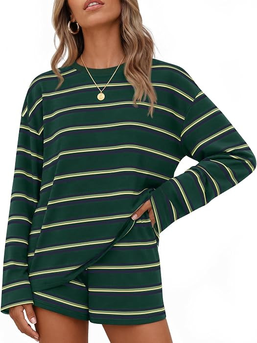 ZESICA Womens 2 Piece Striped Short Sets Fall Lounge Outfit | Amazon (US)