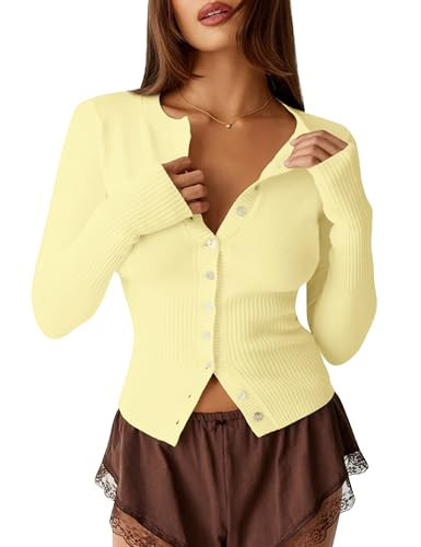 KIGRAD Womens Open Front Button Up Cropped Cardigan Ribbed Knit Long Sleeve Shirt Casual Solid Crop Top Cardigan Sweater Yellow | Amazon (US)