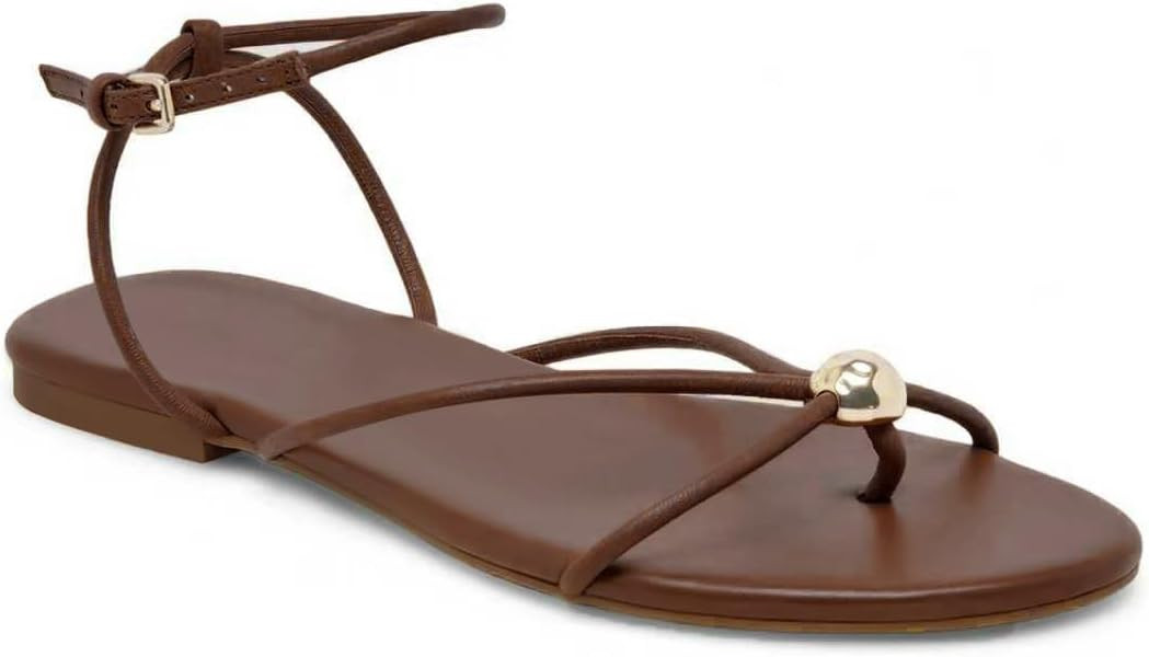 Strappy Flat Sandals for Women Comfortable Open Round Toe Sandals Dressy Beach Thong Flip Flop Slides | Amazon (US)