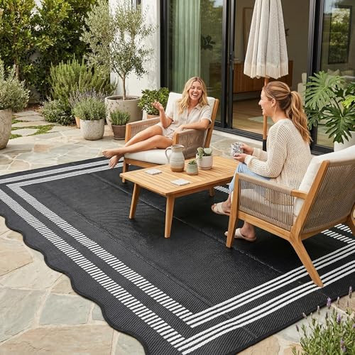 Garvee Waterproof Outdoor Rug 5x8, Scalloped Geometric Foldable Plastic Straw Patio Camping Rug, Outdoor RV Carpet for Deck Camper Porch Balcony Backyard Picnic Beach Black and White | Amazon (US)