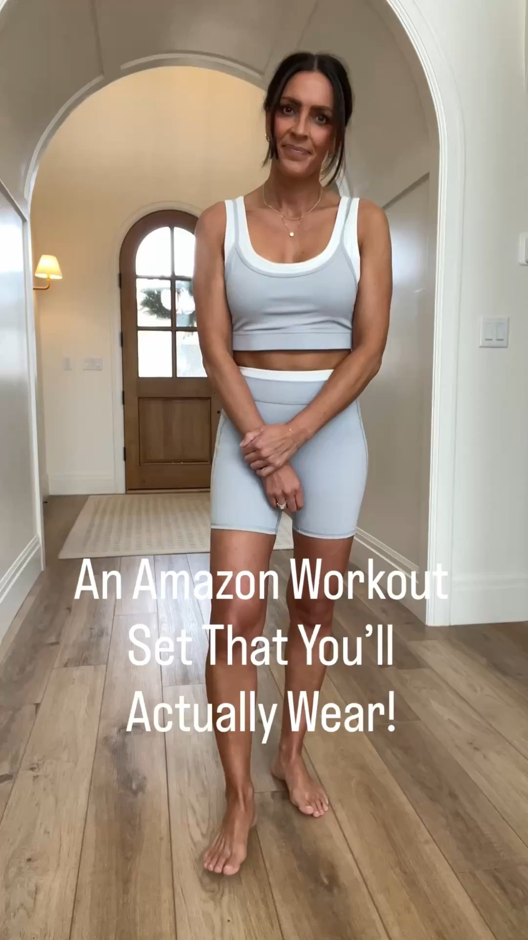 Amazon set with the double layers is so cute. I love the white ribbed fabric. I am in a medium but need to size down for the sports bra. 
Biker shorts are 6” long. I’m 5’3”   
Great set for yoga, Pilates, running or weight lifting  

#LTKootd #LTKfitnessgoals #LTKActive