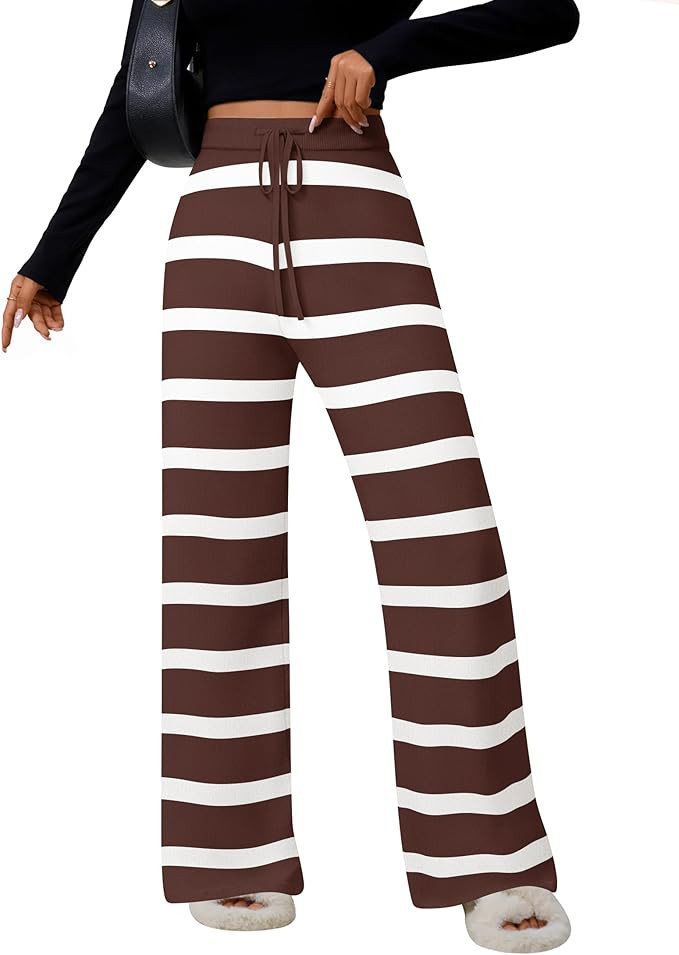 ZESICA Womens Casual Striped Wide Leg Pants Elastic Waist Drawstring Knit Loose Soft Pajama Loung... | Amazon (US)