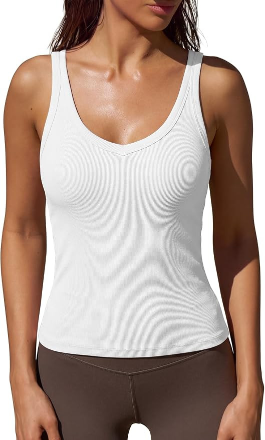 Darong Ribbed Knit V Neck Tank Tops for Women with Built in Bra 2026 Trendy Camisole Top Sleevele... | Amazon (US)
