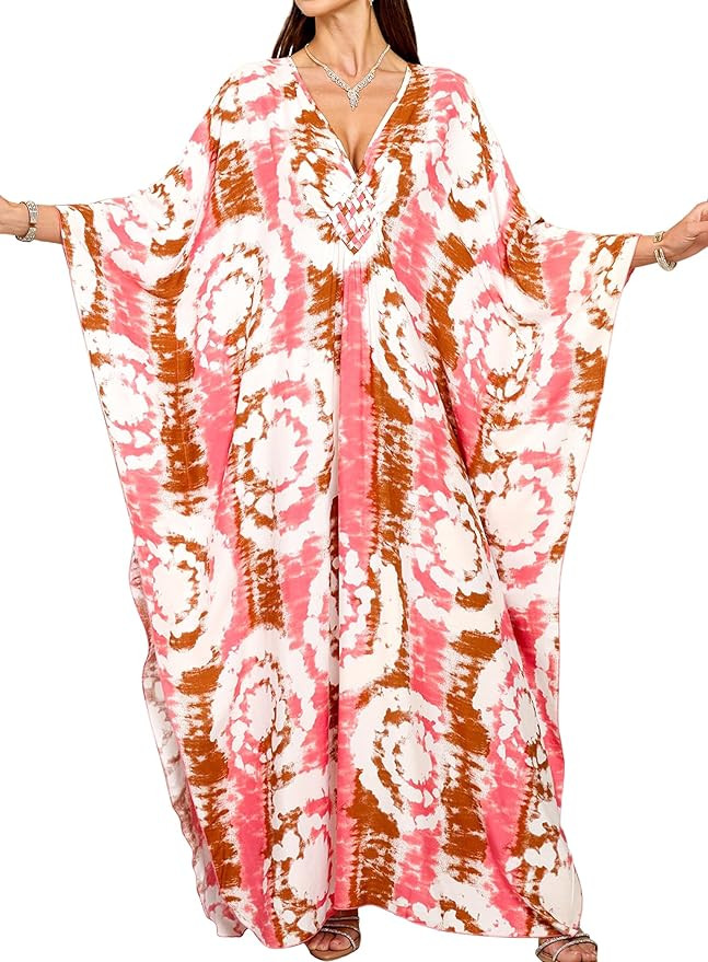 Yanziliu Women Kaftan Dresses Plus Size V-Neck Batwing Sleeves Beach Cover Up Summer Floral Print... | Amazon (US)