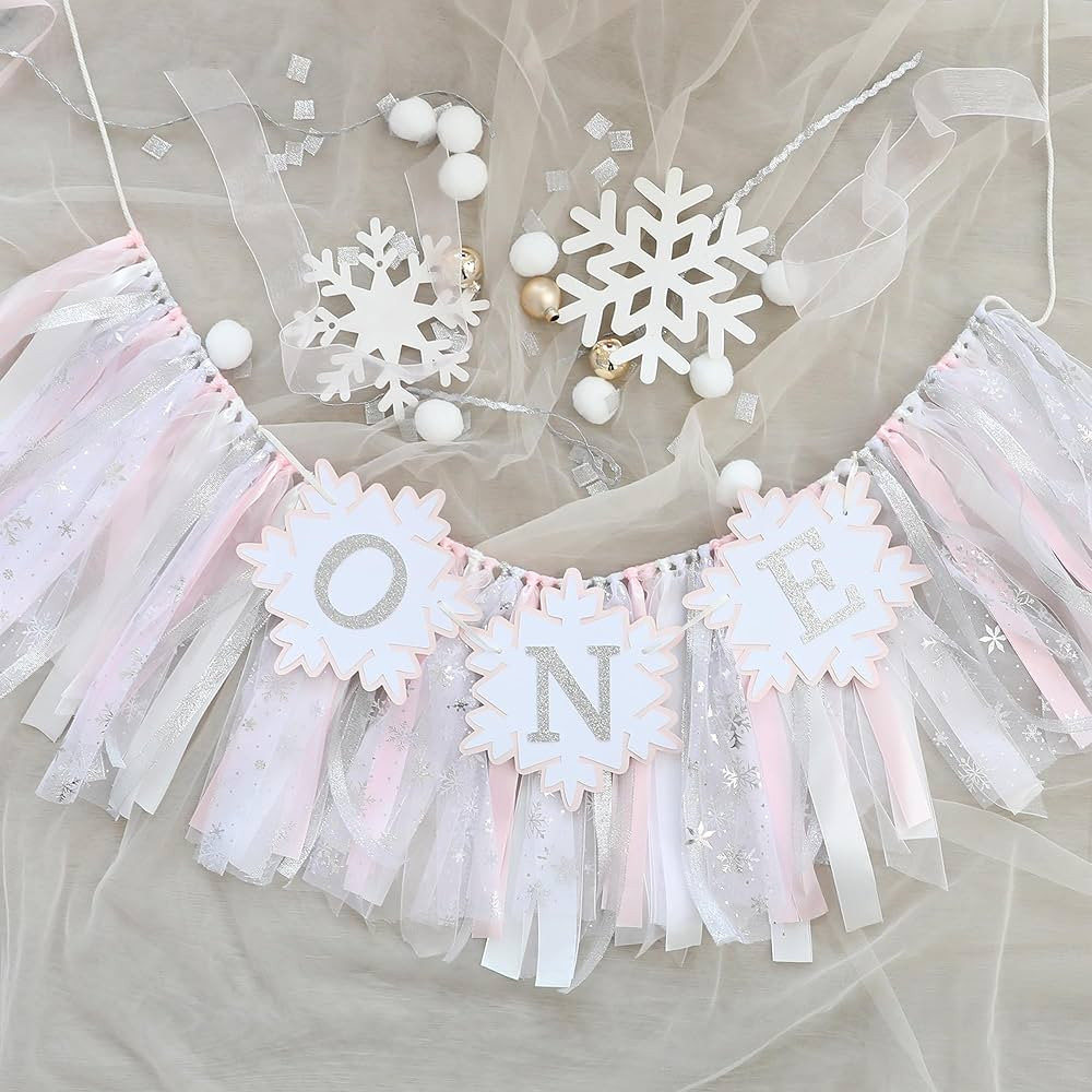 Winter Onederland 1st Birthday Girl Handmade Pink Snowflakes High Chair Banner for Girls Birthday... | Amazon (US)