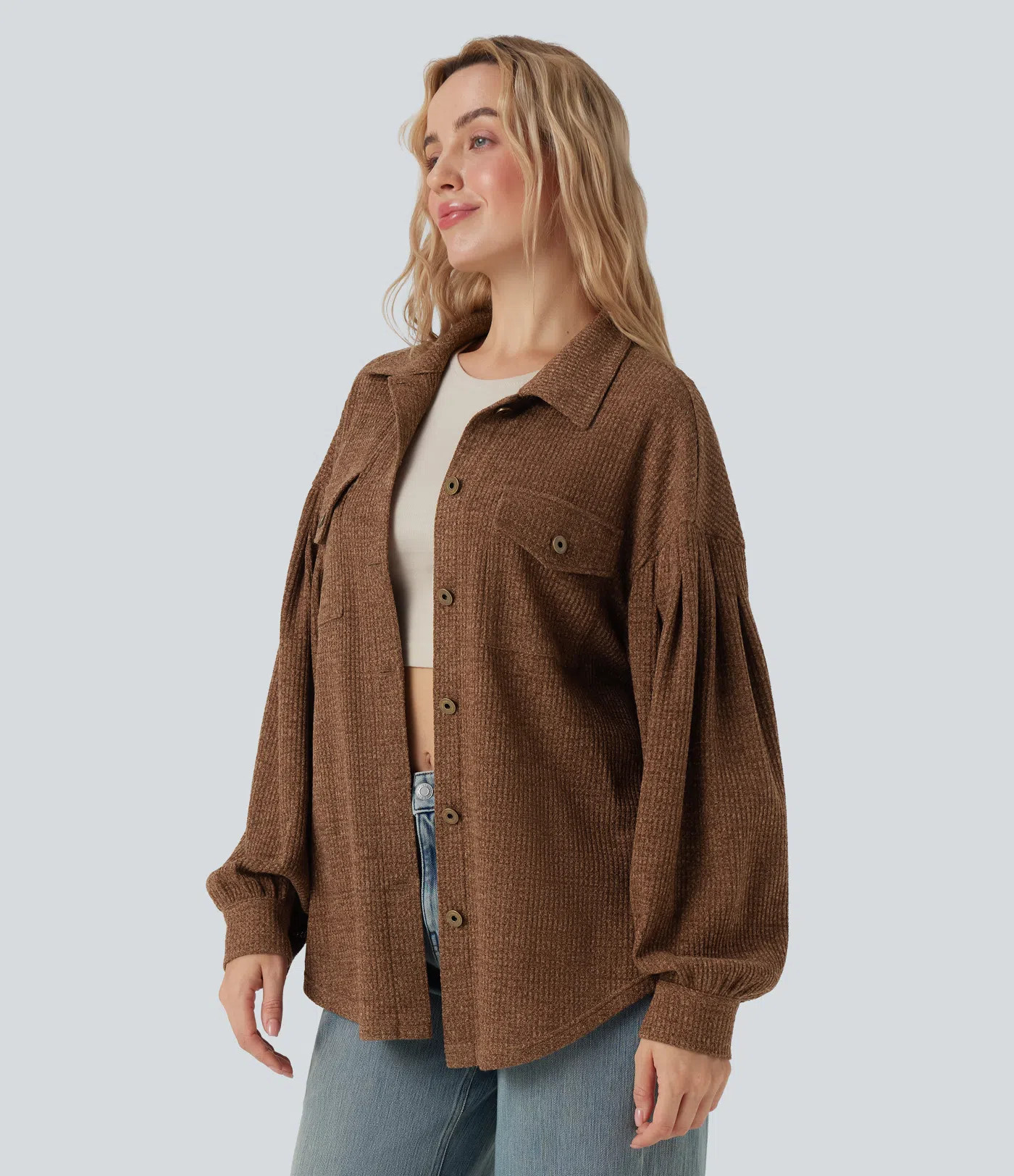 Long Sleeve Curved Hem Knit Waffle Casual Jacket with Pockets | HALARA