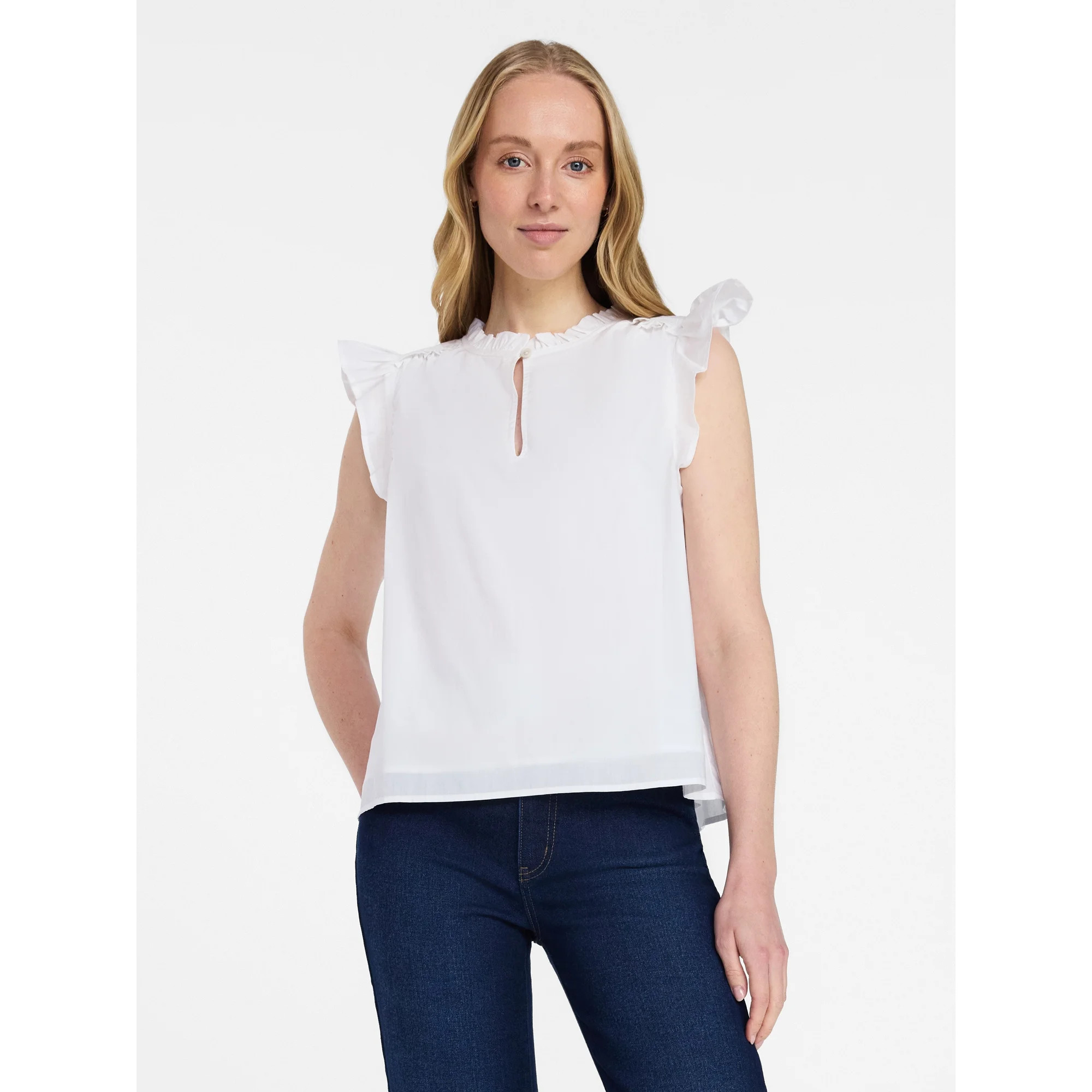 Time and Tru Women's Cotton Split Neck Top with Flutter Sleeves, Sizes XS-XXXL | Walmart (US)