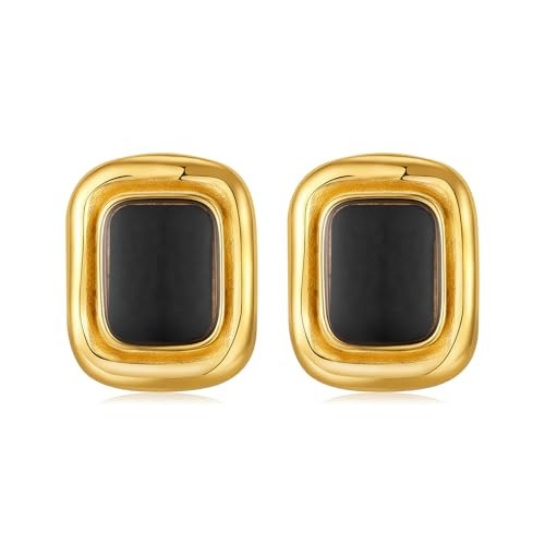 Catuni Chunky Earrings 18K Gold Plated Black Rectangle Statement Earrings Vintage 18K Gold Plated Stud Non Tarnish Stainless Steel | Amazon (US)