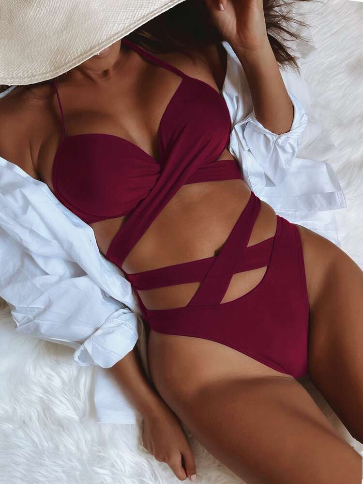 Criss Cross Wrap Halter Bikini Swimsuit | SHEIN