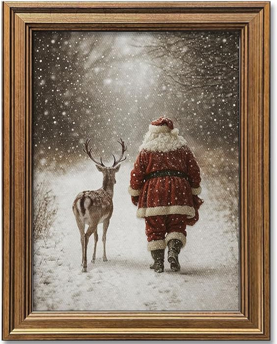 Hamduker Santa Claus Reindeer Art Decor,Winter Santa and Reindeer Canvas Wall Art Vintage Christm... | Amazon (US)