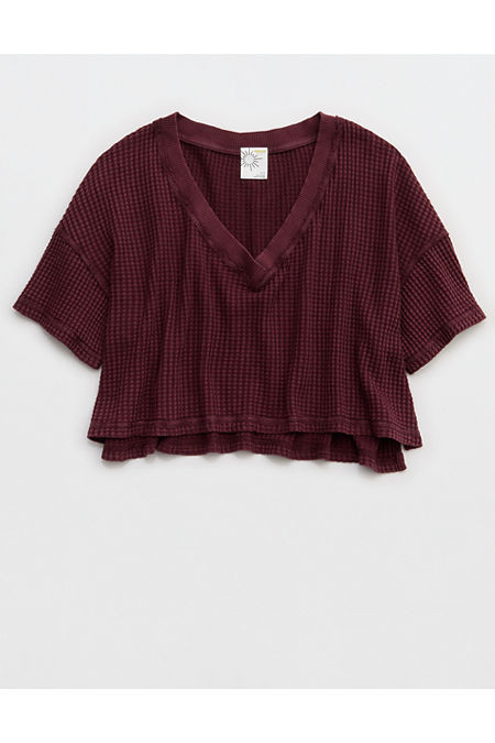OFFLINE By Aerie Wow! Waffle V Neck Cropped Relaxed Short Sleeve T-Shirt Women's Royal Berry L | Aerie