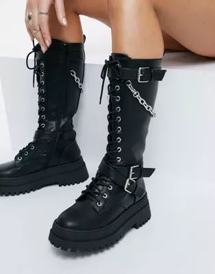 Public Desire Mari chunky knee boots with chain in black | ASOS (Global)