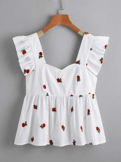 SHEIN EZwear Ruffle Trim Floral Embroidered Peplum Top | SHEIN