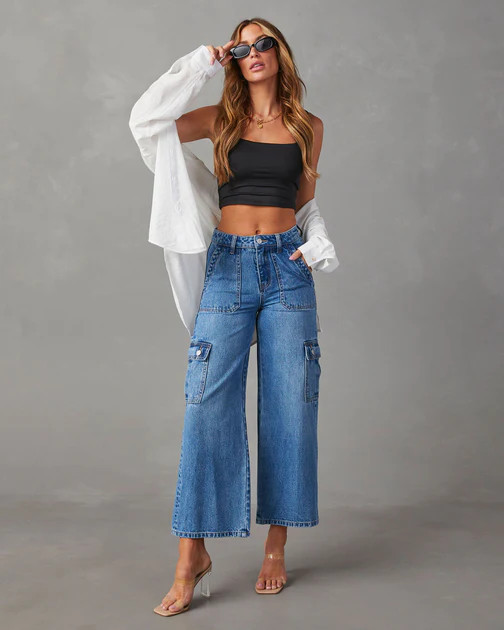 Aliza High Rise Wide Leg Cargo Jeans - Medium Wash | VICI