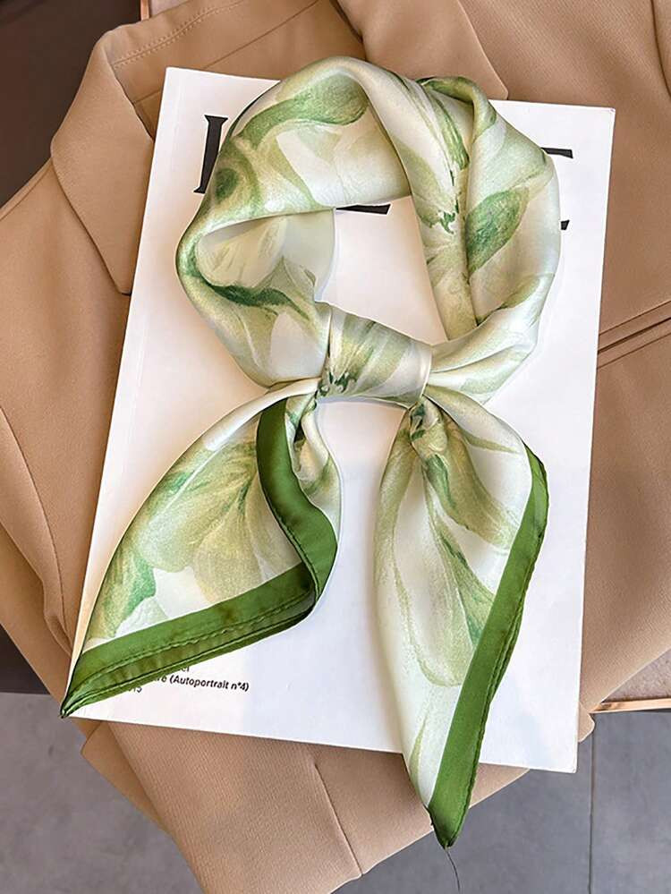 1pc Women's Light Green 70cm Elegant Floral Print Thin Faux Silk Bandana Scarf, Lightweight & Com... | SHEIN