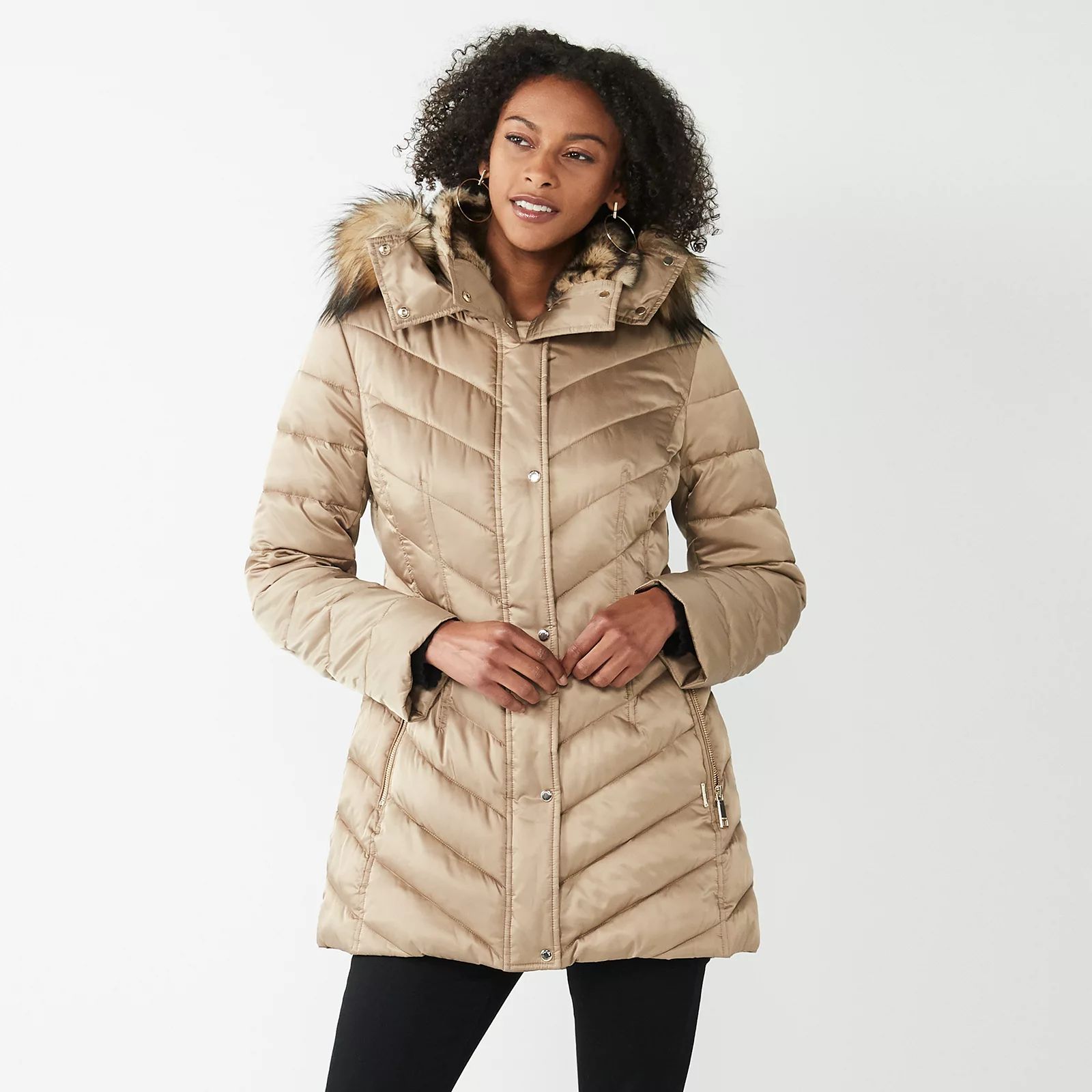 Women's Nine West Faux-Fur Hood Puffer Jacket, Size: Medium, Dark Beige | Kohl's