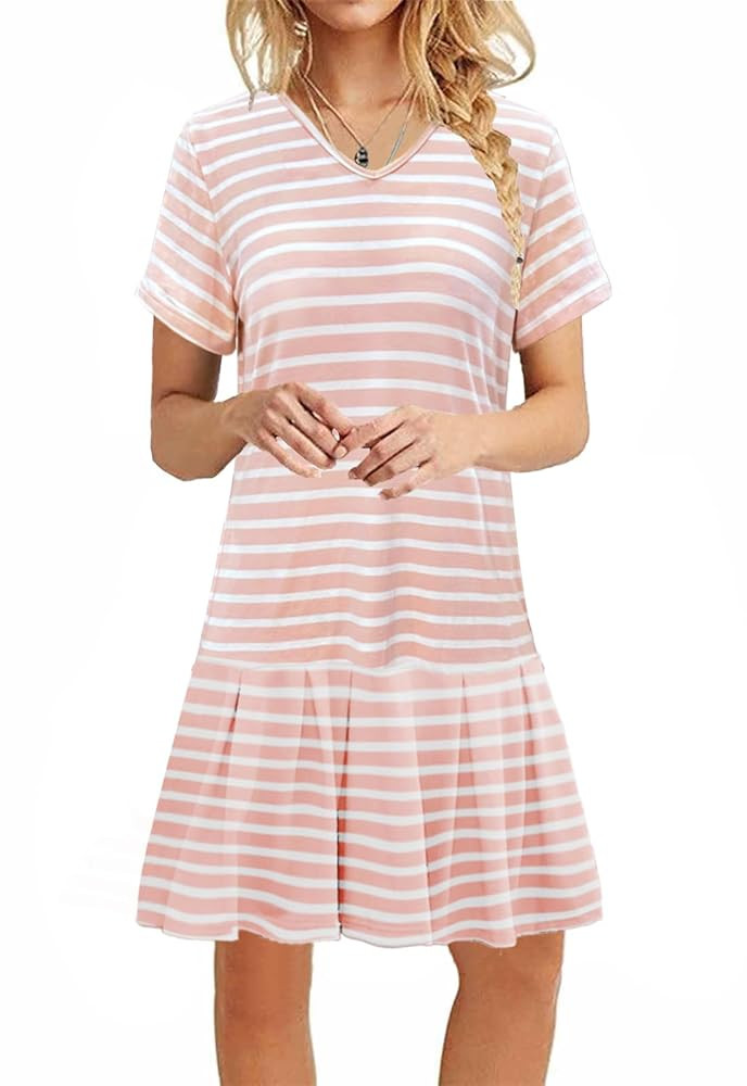 Alaster Queen Women’s 2025 Summer T Shirt Pleated Dress Short Sleeve Casual Swing Tunic Dress w... | Amazon (US)