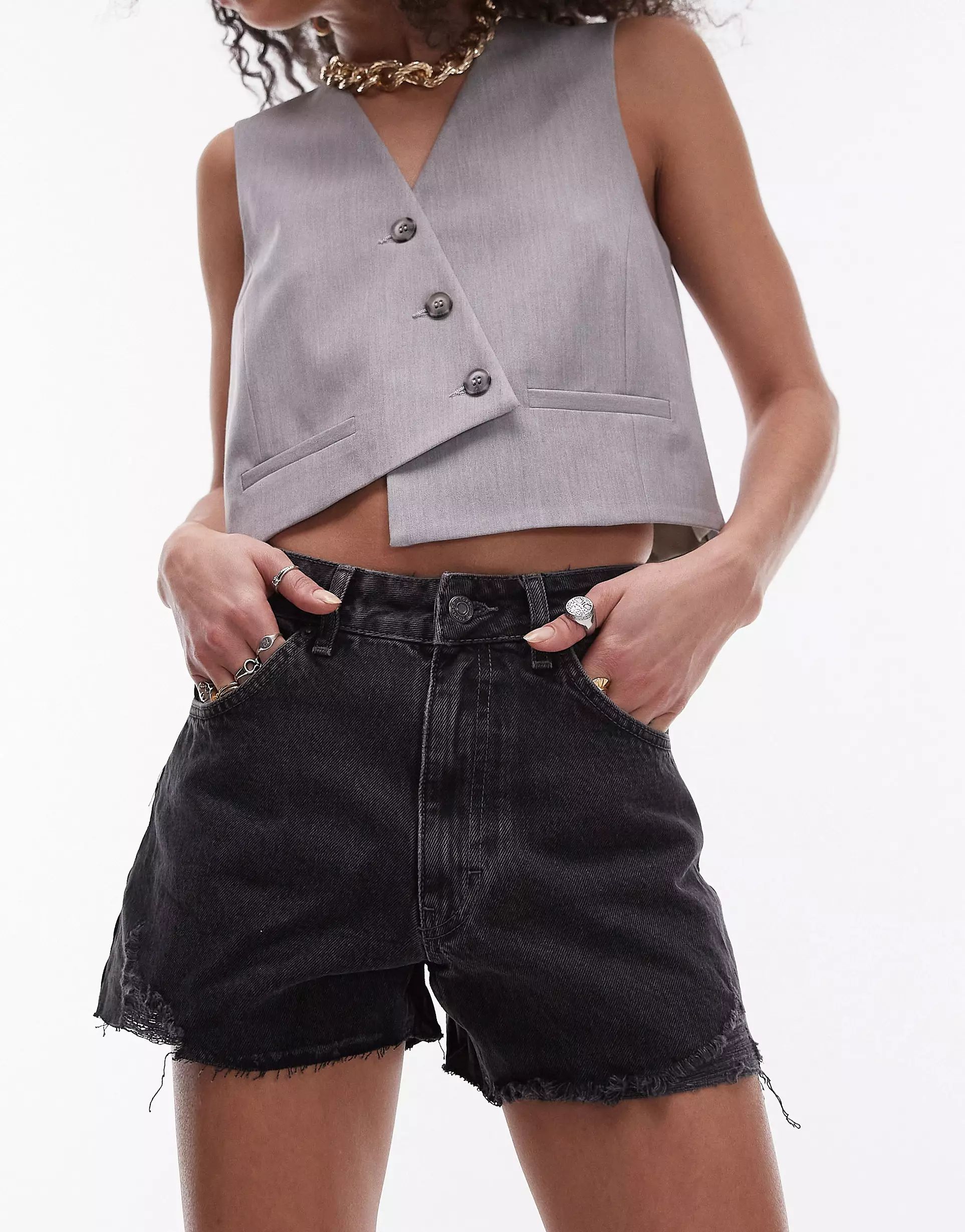 Topshop denim a-line mom short with rips in washed black | ASOS | ASOS (Global)