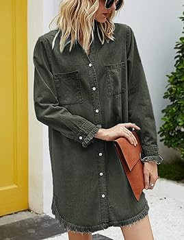 Women Denim Shirt Dresses Long Sleeve Distressed Jean Dress Button Down Casual Tunic Top ArmyGree... | Amazon (US)