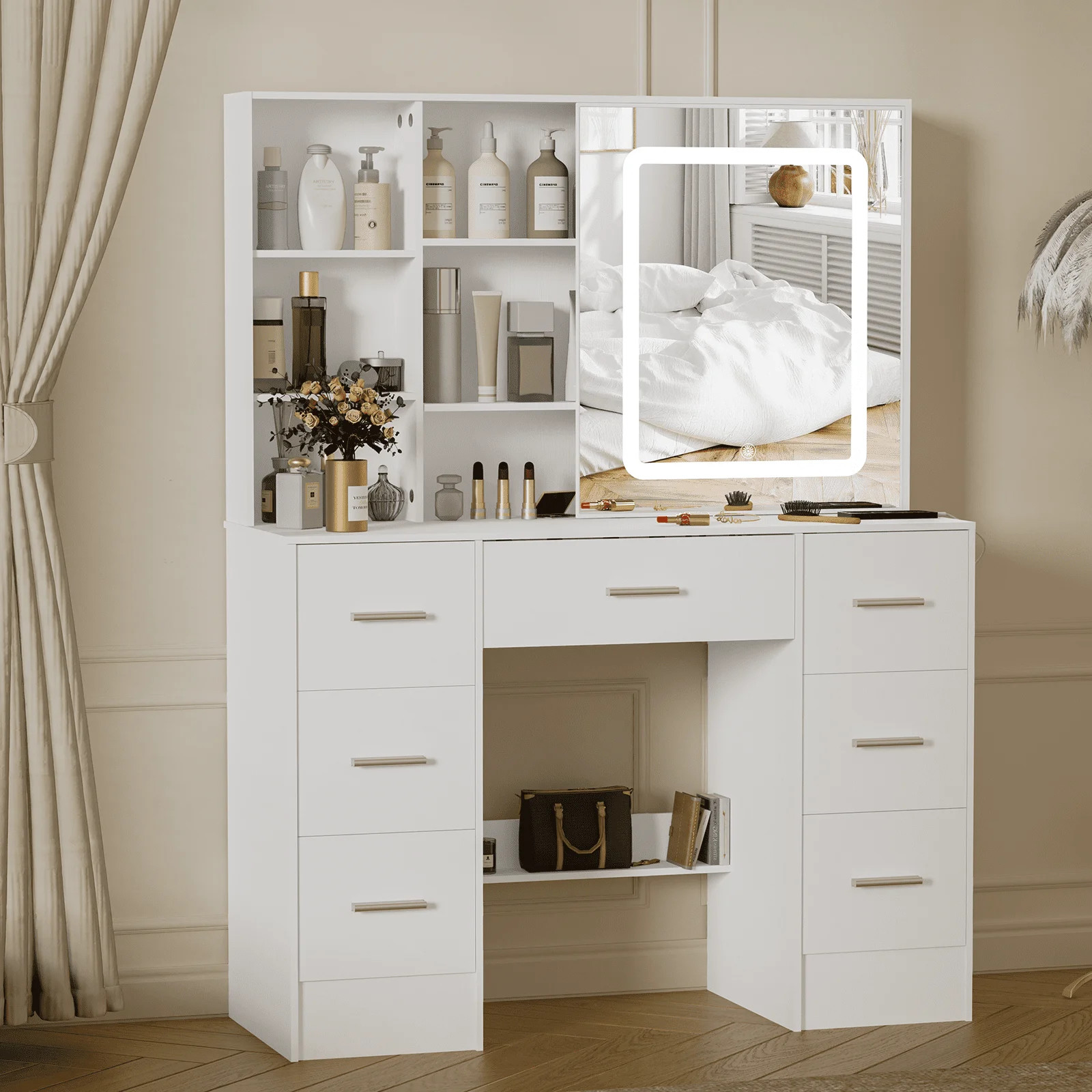 Yamissi Makeup Vanity Desk with Lighted Sliding Mirror, 7 Drawers Modern Vanity Table for Women G... | Walmart (US)