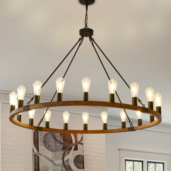Farmhouse Wagon Wheel Chandelier 47" 20-Light Wood Rustic Light Fixtures Round Black Chandelier F... | Wayfair North America