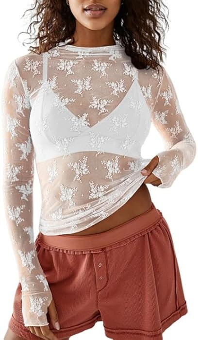 Mesh Lace Long Sleeve Top Mock Neck Sheer Lace Floral See Through Layering Top with Thumbhole | Amazon (US)