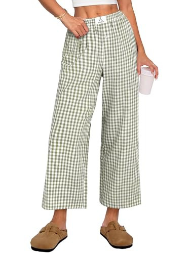 ANRABESS Womens Gingham Striped Pants, Palazzo & Cropped, Comfy & Cute, Lounge Pajama Plaid PJ Bottoms With Pockets Army Green White Plaid M | Amazon (US)