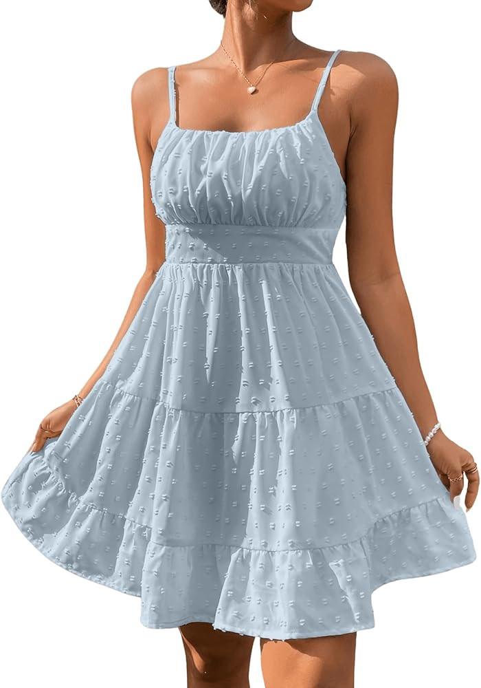 Floerns Women's Swiss Dots Sleeveless Ruched Bust Ruffle Hem Cami Short Dress | Amazon (US)