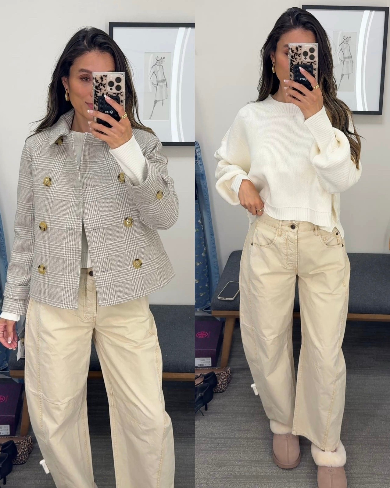 Shop my Nsale outfit! Wearing Medium in sweater, size 25 in barrel pants, 0 in jacket, and 8 in Uggs!