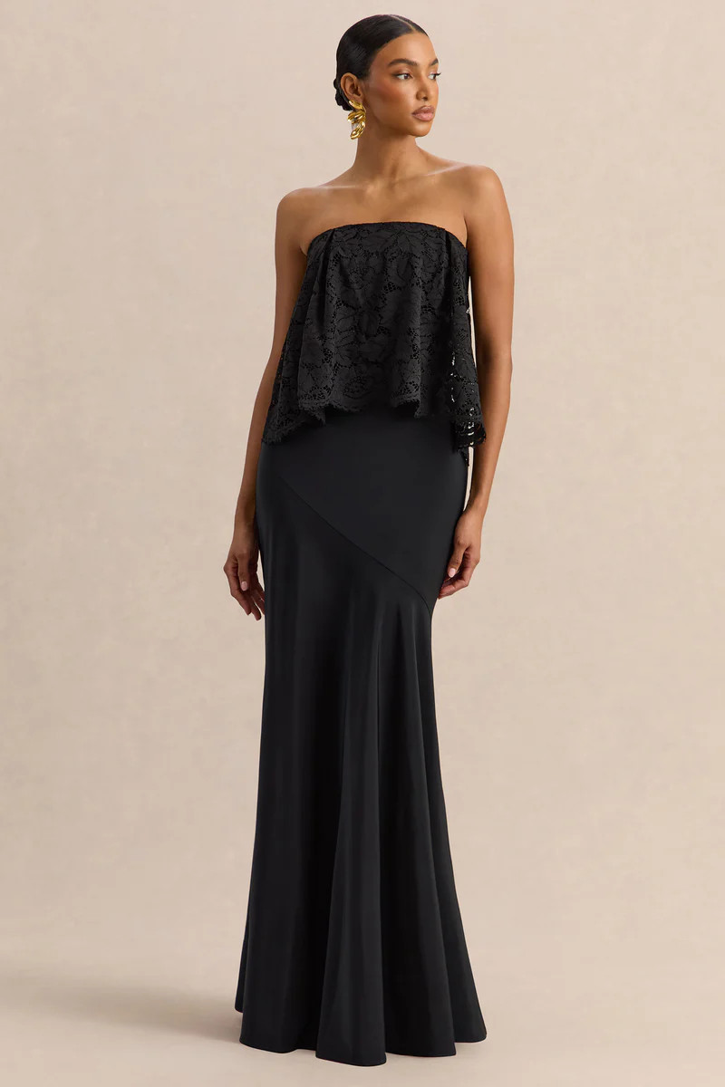 Clemency  Black Lace And Matte Satin Bandeau Maxi Dress | Club L London