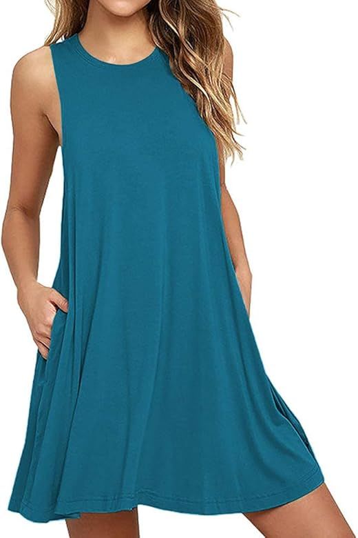 BISHUIGE Women Summer Casual Round Neck T Shirt Dresses Beach Cover up Plain Tank Dress | Amazon (US)