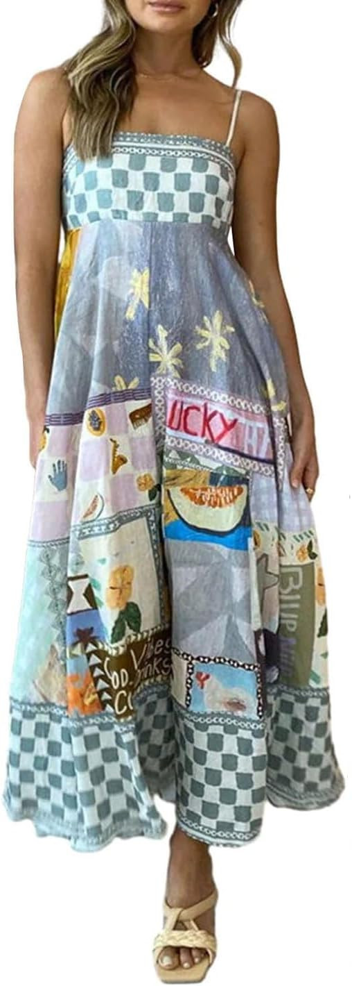 Women Graffiti Printed Maxi Cami Dress Square Neck Sleeveless Spaghetti Strap Boho Dress Flowy Sw... | Amazon (US)