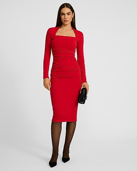 Body Contour High Compression Square Neck Ruched Midi Dress | Express