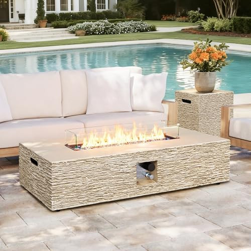 56 inch Outdoor Propane Fire Pit Table, 50000 BTU Rectangle Concrete Gas Firepit w/Tank Cover, Wi... | Amazon (US)