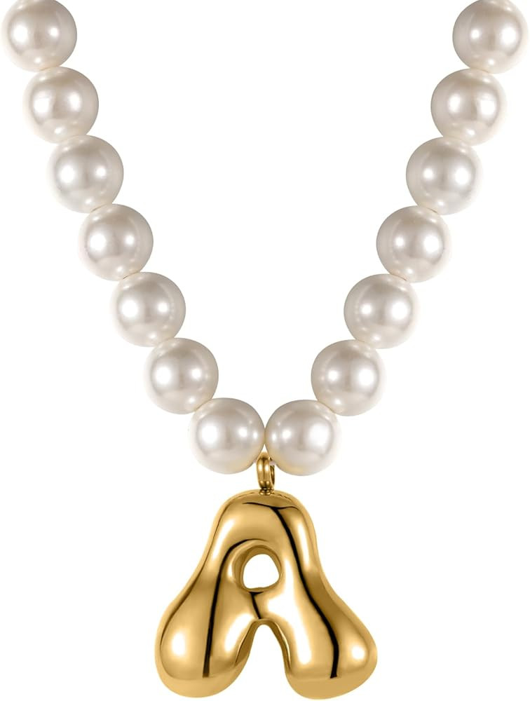 Bubble Initial Pearl Necklace Gold Freshwater Pearl Initial Necklace for Women Customized Women'S... | Amazon (US)