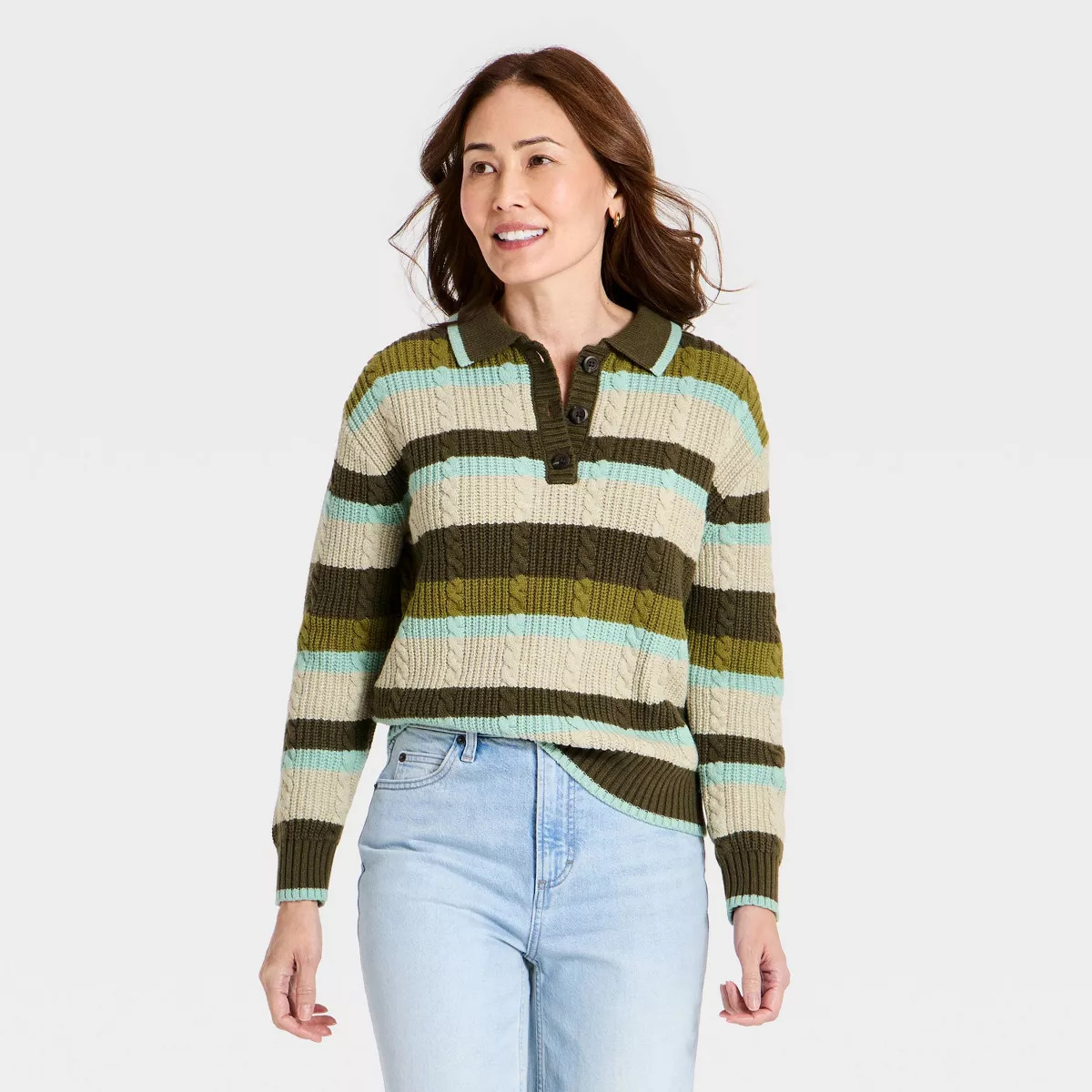 Women's Cable Collared Pullover Sweater - Universal Thread\u2122 Green Striped S | Target
