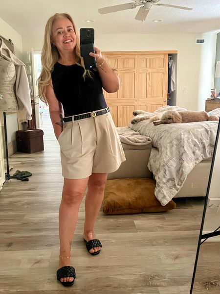 Today’s outfit check - Bermuda Trouser look, my favorite body from Amazon ( comes in three colors ), and black sandals; let's go!

#LTKFindsUnder100 #LTKStyleTip #LTKOver40