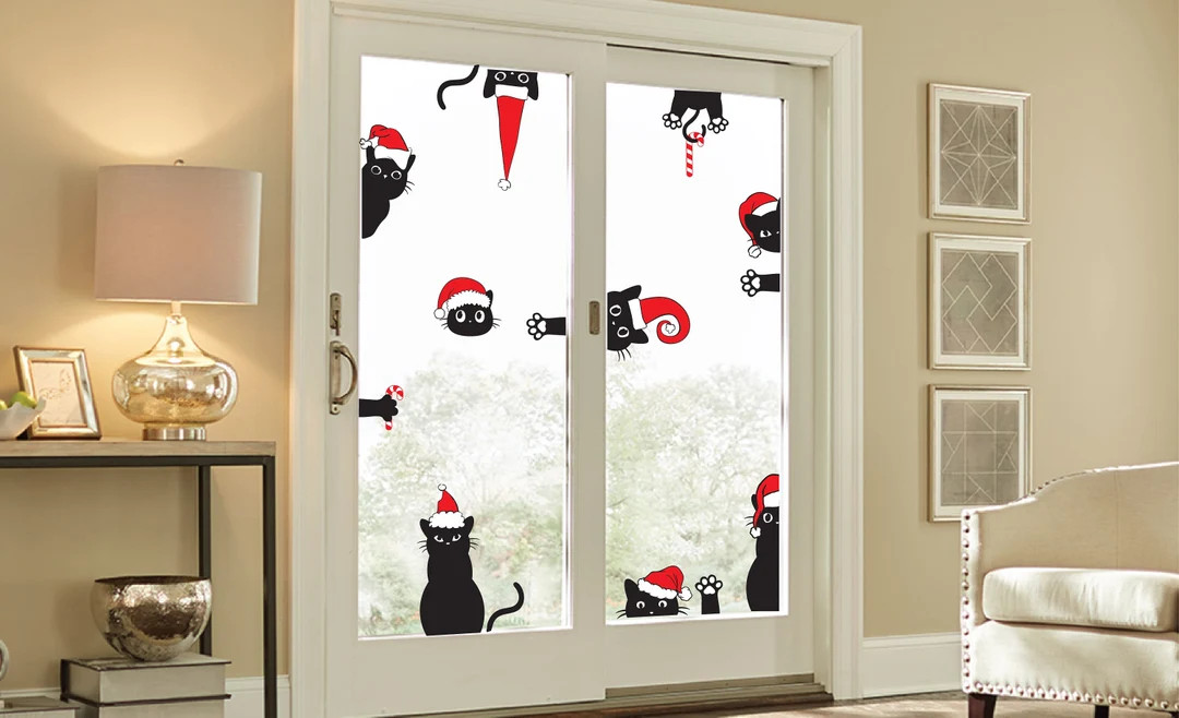 Cats in Santa Hats, Door and Wall Decals, Set of 12, Christmas Decoration Santa Helper Static Win... | Etsy (US)