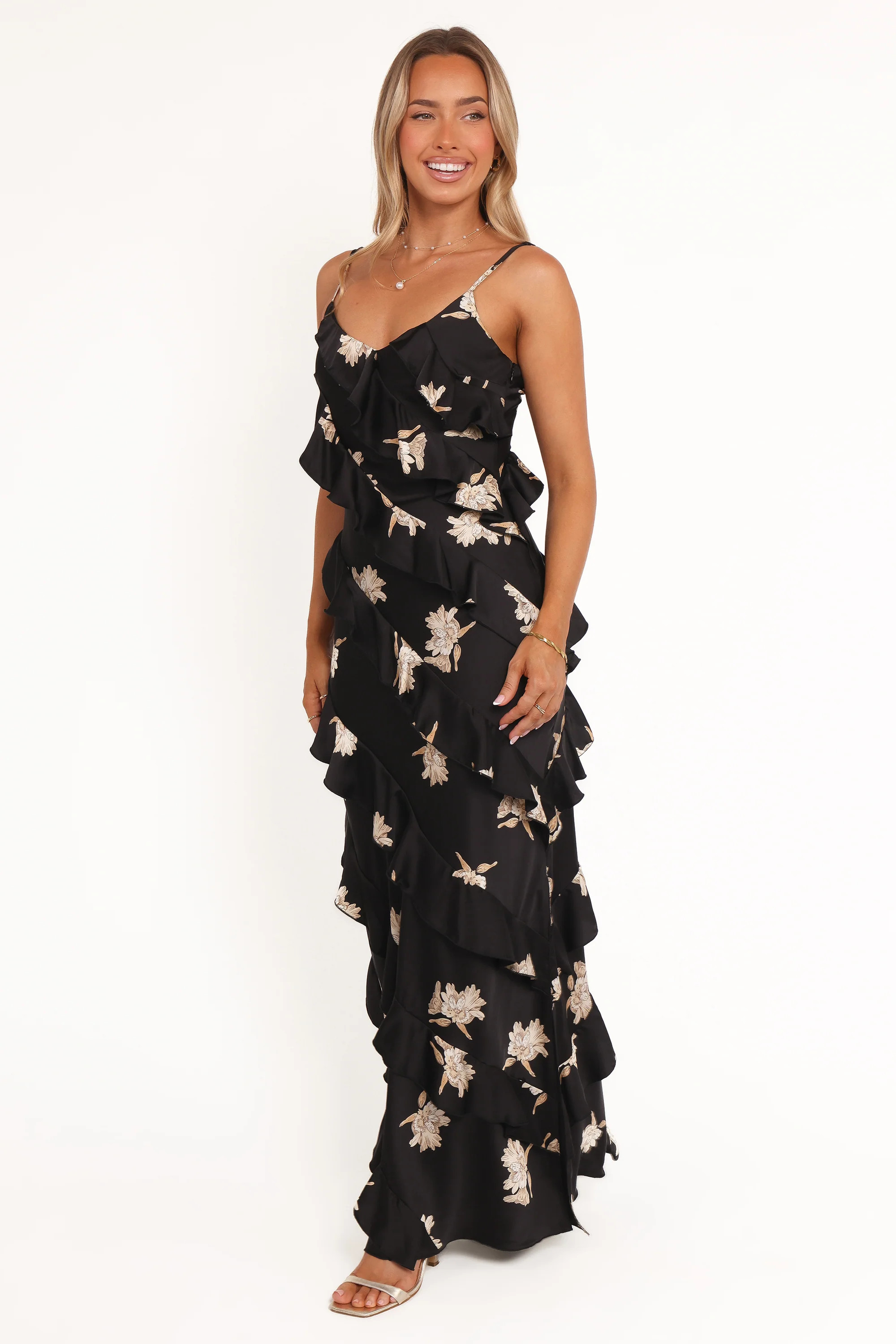 Ciao Ruffles Maxi Satin Dress - Black Floral | Petal & Pup (US)