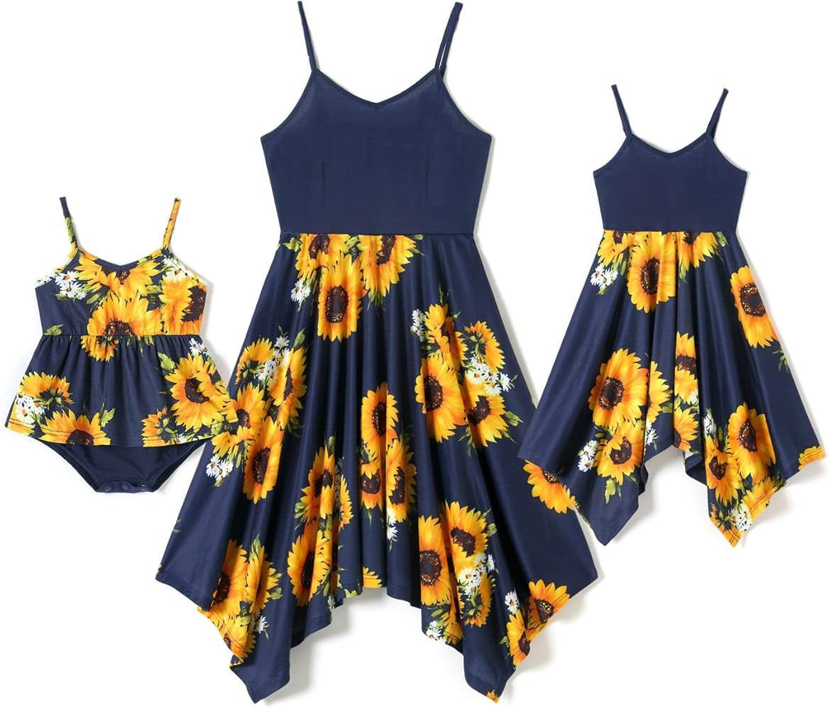 IFFEI Family Matching Sets Sunflower Print Sling Dresses for Mom and Me Matching Outfits | Amazon (US)