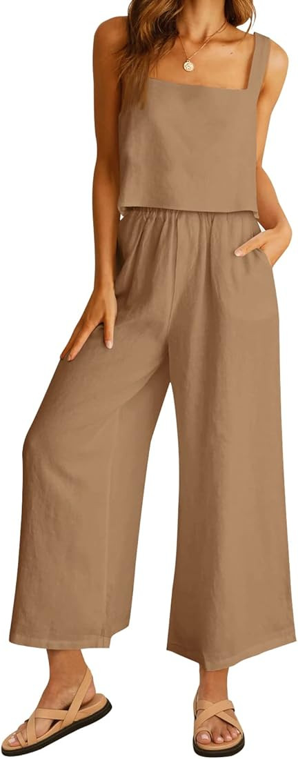AUTOMET Women 2 Piece Outfits Lounge Matching Sets Linen Crop Top Wide Leg Pants Tracksuits with Poc | Amazon (US)