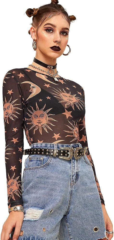 SweatyRocks Women's Long Sleeve Mock Neck Angel Print Sexy Sheer Mesh Crop Top | Amazon (US)